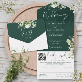 Invitación Todo En Uno Boda con código QR de monograma floral verde esmer