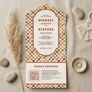 Invitación Todo En Uno Boda con código QR de tablero de ajedrez colorido 