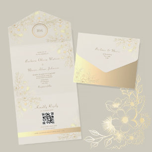 Invitación Todo En Uno Boda con código QR floral dorado marfil