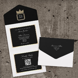 Invitación Todo En Uno Boda con código QR negro y blanco chic