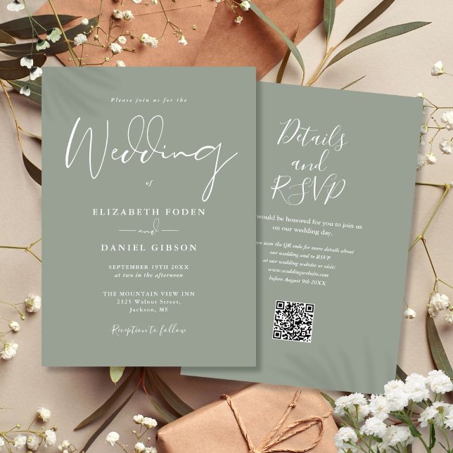Invitación Todo en uno Boda con código QR verde salvia (All In One Sage Green QR Code Wedding Invitation)