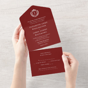 Invitación Todo En Uno Boda con Cresta de Borgoña Iniciales Personalizada
