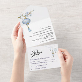 Invitación Todo En Uno Boda con farolillo azul japonés