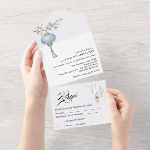 Invitación Todo En Uno Boda con farolillo azul japonés