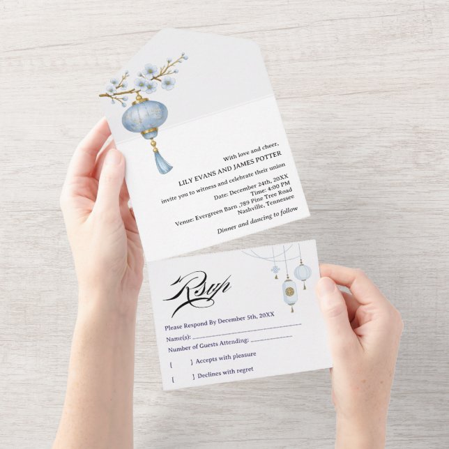 Invitación Todo En Uno Boda con farolillo azul japonés (desgarro)