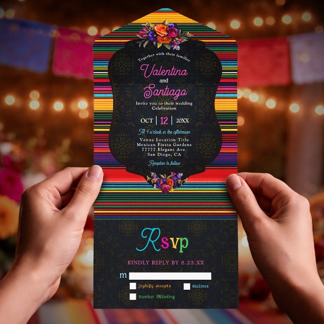 Invitación Todo En Uno Boda con flores mexicanas elegantes (Subido por el creador)