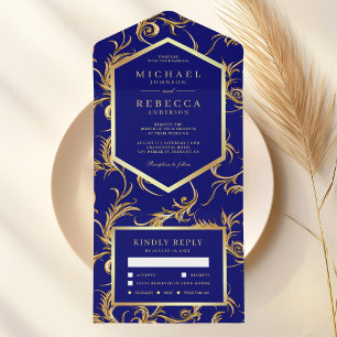 Invitación Todo En Uno Boda con floritura de remolino de lámina dorada az