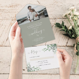 Invitación Todo En Uno Boda con Foto de Greenery de Eucalipto Elegante Rú