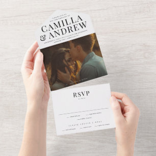 Invitación Todo En Uno Boda con foto en blanco y negro y tipografía moder