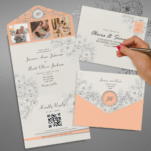 Invitación Todo En Uno Boda con Foto Floral Melocotón Vintage
