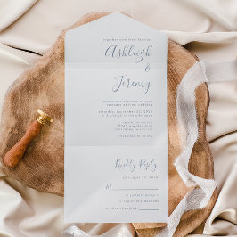 Invitación Todo En Uno Boda con guión azul polvoriento minimal moderno