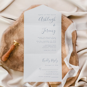 Invitación Todo En Uno Boda con guión azul polvoriento minimal moderno