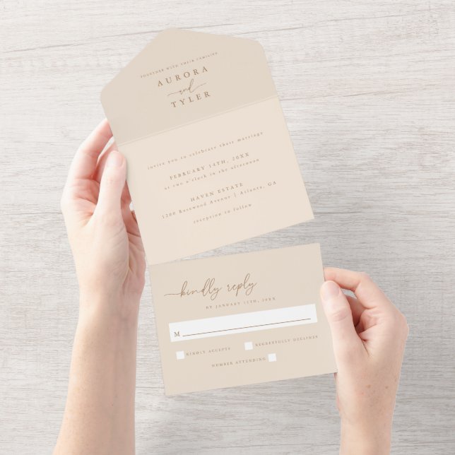 Invitación Todo En Uno Boda con guión beige moderno (desgarro)