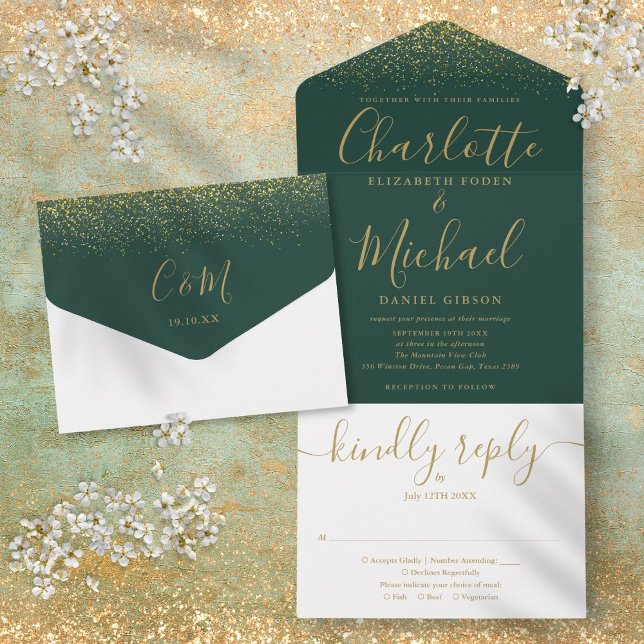 Invitación Todo En Uno Boda con guión de purpurina verde esmeralda y dora (Emerald Green And Gold Glitter Script Wedding All In One Invitation)