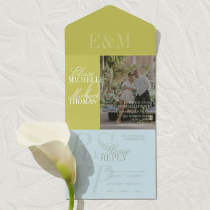 Invitación Todo En Uno Boda con guión moderno chartreuse y azul