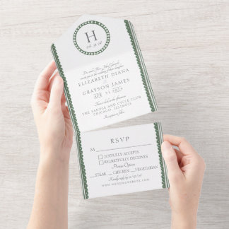 Invitación Todo En Uno Boda con Impresión Botánica en Verde y Blanco