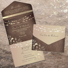 Invitación Todo En Uno Boda con Luces de Cuerda y Madera Rústica
