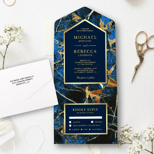 Invitación Todo En Uno Boda con Mármol Azul Real y Hoja de Oro Falso