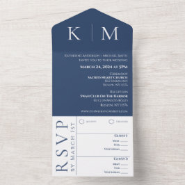 Invitación Todo En Uno Boda con Monograma Azul Oscuro y Blanco-