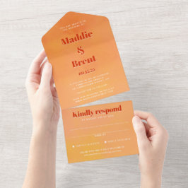 Invitación Todo En Uno Boda con Monograma de Puestas de Sol Naranja Chic