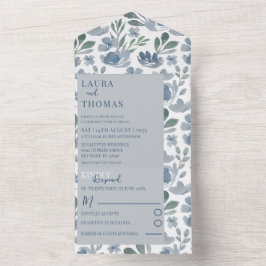 Invitación Todo En Uno Boda con patrón floral acuarela boho azul