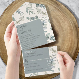 Invitación Todo En Uno Boda con patrón moderno de eucalipto azul polvorie