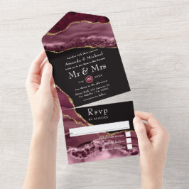 Invitación Todo En Uno Boda con piedra de ágata Burgundy y dorada