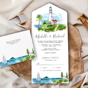 Invitación Todo En Uno Boda con tema costero de faro en acuarela