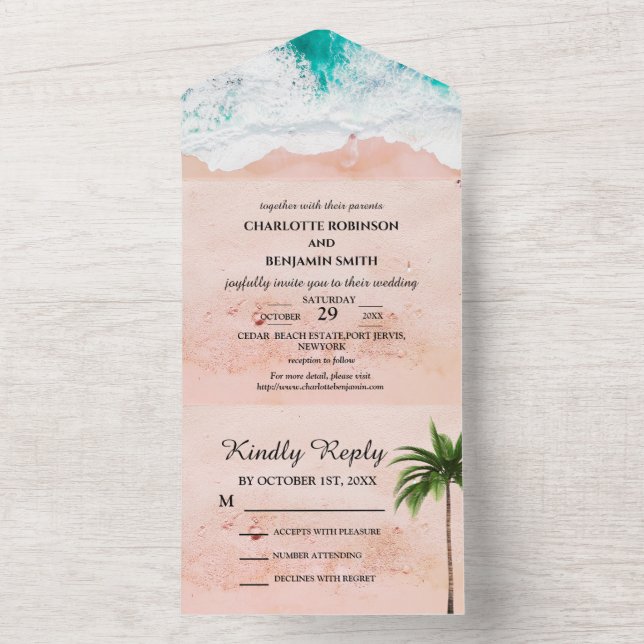 Invitación Todo En Uno Boda con tema de playa costera tropical (Interior)