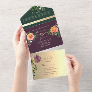 Invitación Todo En Uno Boda con tonos de joya esmeralda púrpura verde