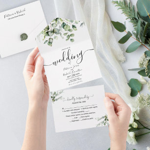 Invitación Todo En Uno Boda con vegetación de eucalipto 