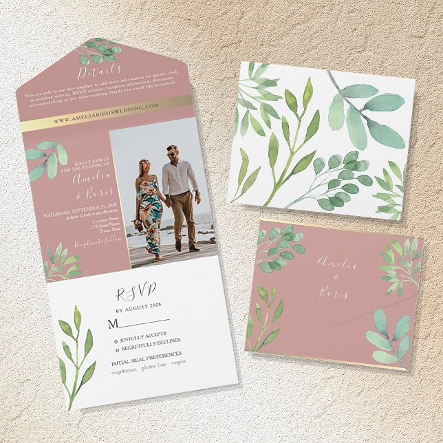 Invitación Todo En Uno Boda con Verde y Rosa Polvo (Subido por el creador)