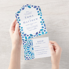 Invitación Todo En Uno Boda Costera con Azulejo Azul Mediterráneo