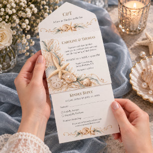 Invitación Todo En Uno Boda Costera con Estrellas de Mar y Conchas Marina