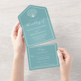 Invitación Todo En Uno Boda costero ligero Verde azulado