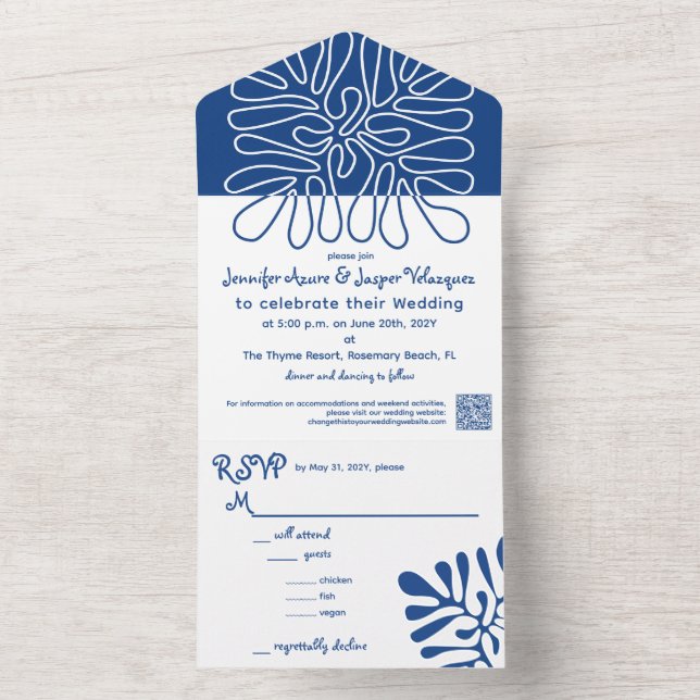 Invitación Todo En Uno Boda costero Resumen Azul artístico (Interior)
