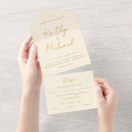 Invitación Todo En Uno Boda Crema Oro Moderna RSVP Desgarrar