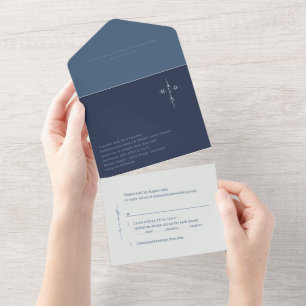 Invitación Todo En Uno Boda Cristiana Cruz Monograma Azul