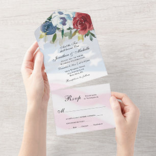 Invitación Todo En Uno Boda Cristiana Floral Bandera USA Rojo Blanco Azul