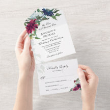 Boda cristiano floral azul blanco rojo borgoña