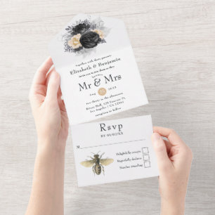 Invitación Todo En Uno Boda de abejas florales de color negro, dorado y p
