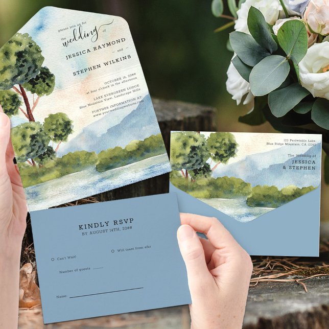 Invitación Todo En Uno Boda de acuarela azul del lago Evergreen (Subido por el creador)