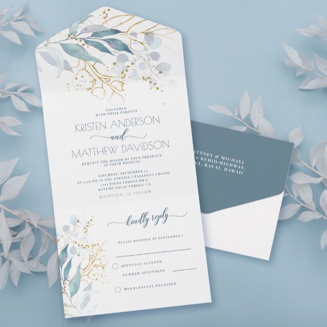 Invitación Todo En Uno Boda de acuarela botánica Dusty Blue Boho (These budget-friendly wedding invitations are designed with an easy-to-tear-off perforated RSVP.)