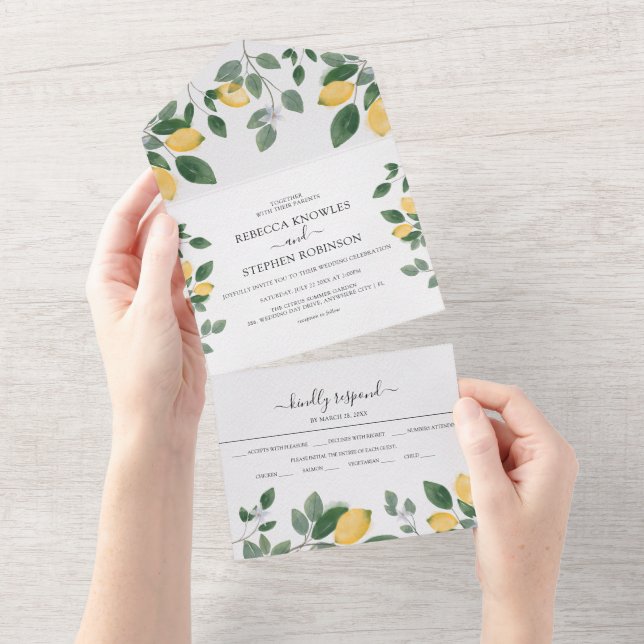 Invitación Todo En Uno Boda de Acuarela Botánica Limón y Verdor (desgarro)