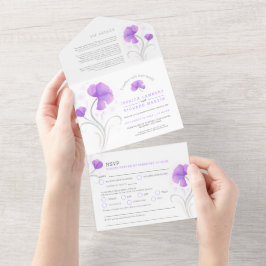 Invitación Todo En Uno boda de acuarela color girasol blanco morado