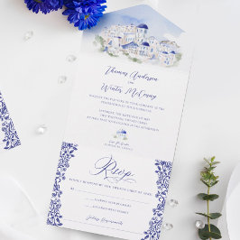 Invitación Todo En Uno Boda de acuarela de arquitectura griega Santorini