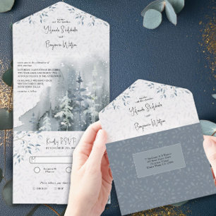 Invitación Todo En Uno Boda de acuarela de bosque de nieve de invierno co