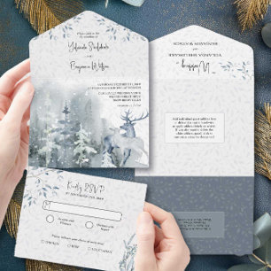 Invitación Todo En Uno Boda de acuarela de bosque de nieve de invierno y