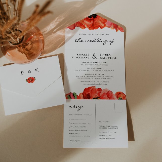 Invitación Todo En Uno Boda de acuarela de cachorros rojos (Red poppies watercolor wedding all in one invitation)