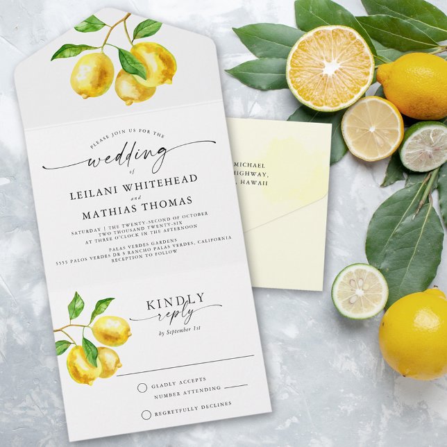 Invitación Todo En Uno Boda de acuarela de Cítricos limón (Our lemon watercolor wedding all in one invitation is the perfect choice for a one-of-a-kind look.)